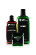 Brickell men's skincare products including face moisturizer, face wash, and face scrub in green and amber bottles.
