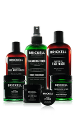 Brickell men's products including daily essential face moisturizer, clarifying gel face wash, balancing toner, renewing face scrub, anti-aging cream, restoring eye cream, and purifying charcoal face mask.