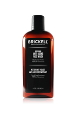 Brickell Men's Products Redefining Anti-Aging Face Wash with Hyaluronic Acid, MSM, and Geranium in a brown bottle with a black cap, 118ml.
