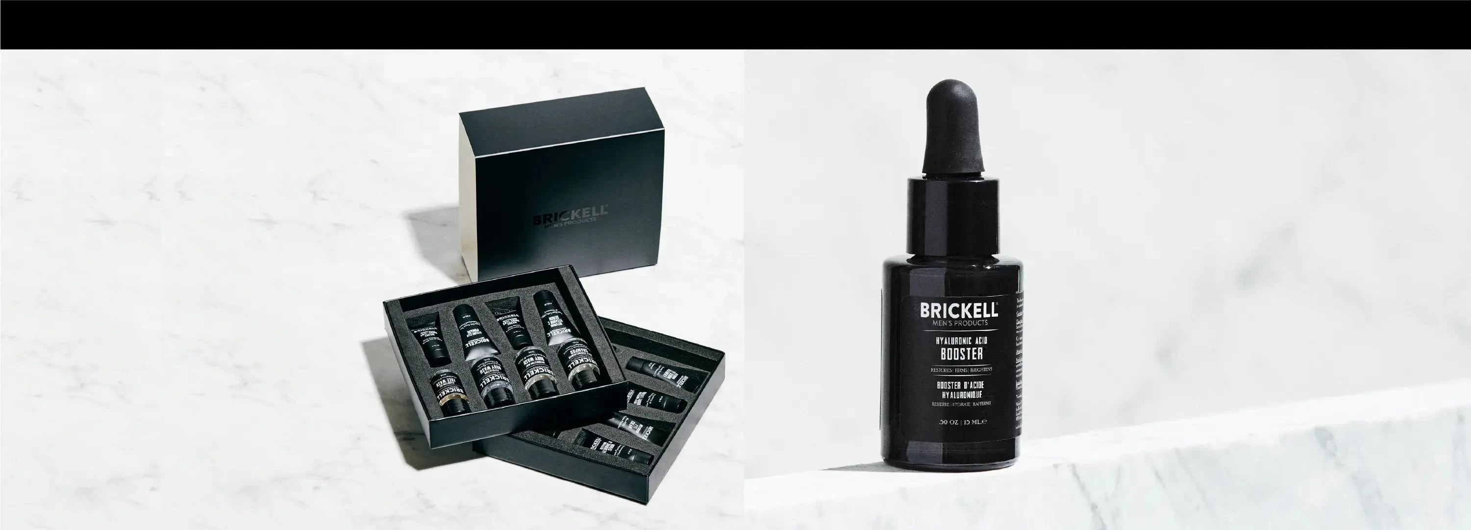 Free 16-piece deluxe skincare sample kit and hyaluronic acid booster w/ first order, plus two five-star customer quotes.