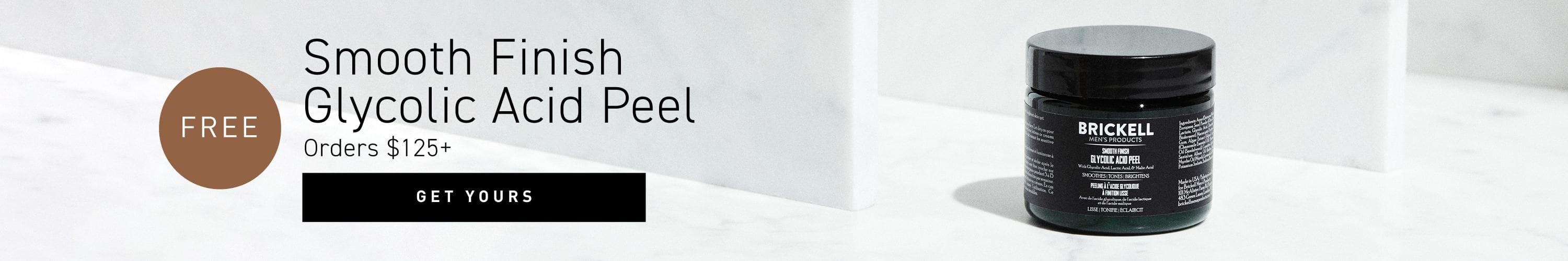 Promotional offer banner: FREE Glycolic Acid Peel w/ orders $125+