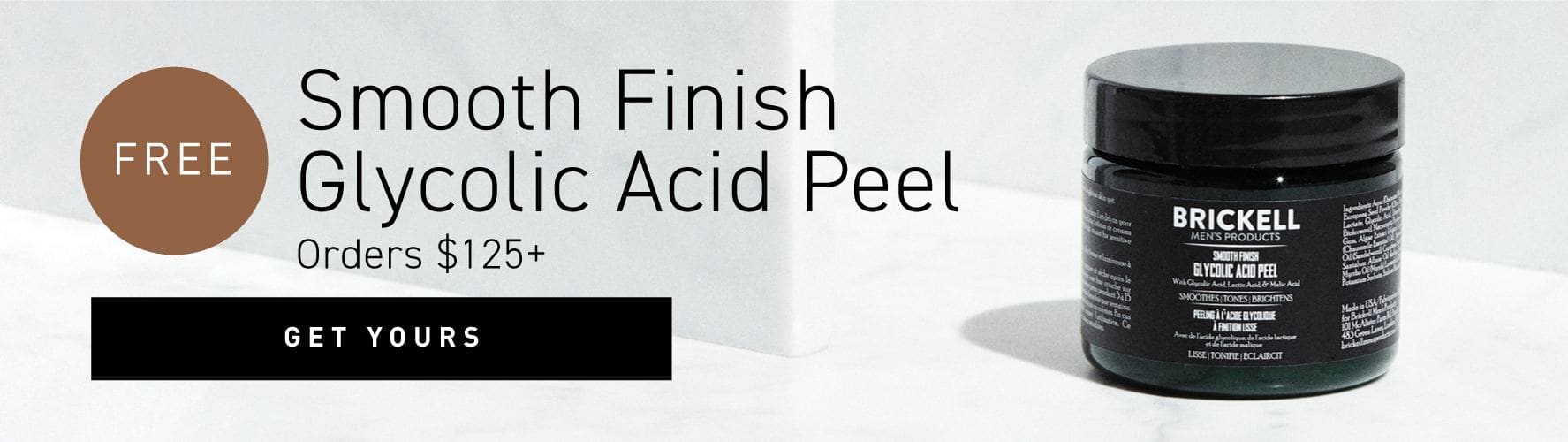 Promotional offer banner: FREE Glycolic Acid Peel w/ orders $125+