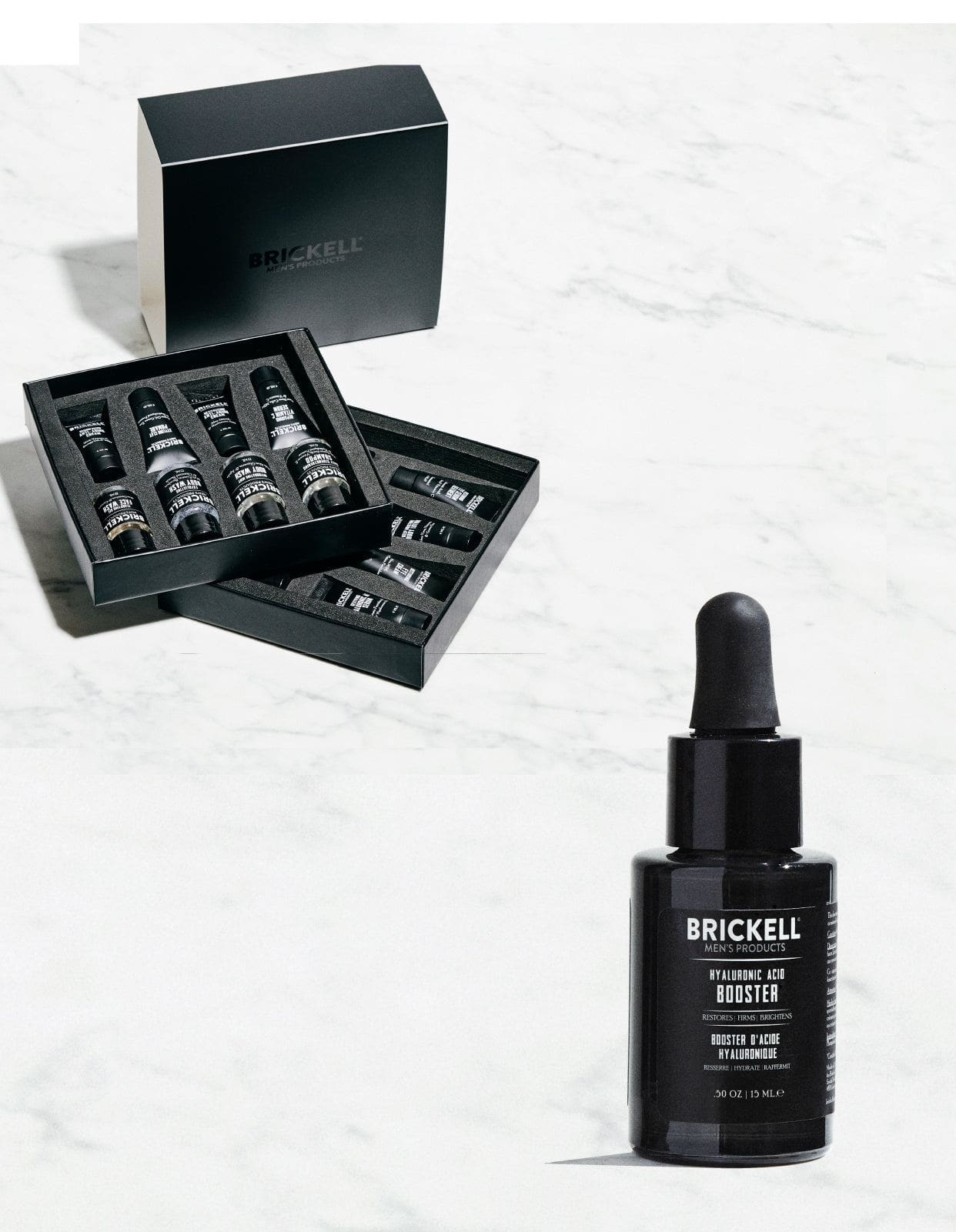 Free 16-piece deluxe skincare sample kit and hyaluronic acid booster w/ first order, plus two five-star customer quotes.