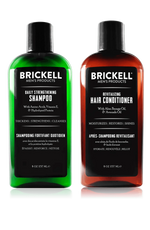 Brickell Men's Products Daily Strengthening Shampoo and Revitalizing Hair Conditioner bottles, green and brown packaging respectively, showcasing natural ingredients and product benefits.