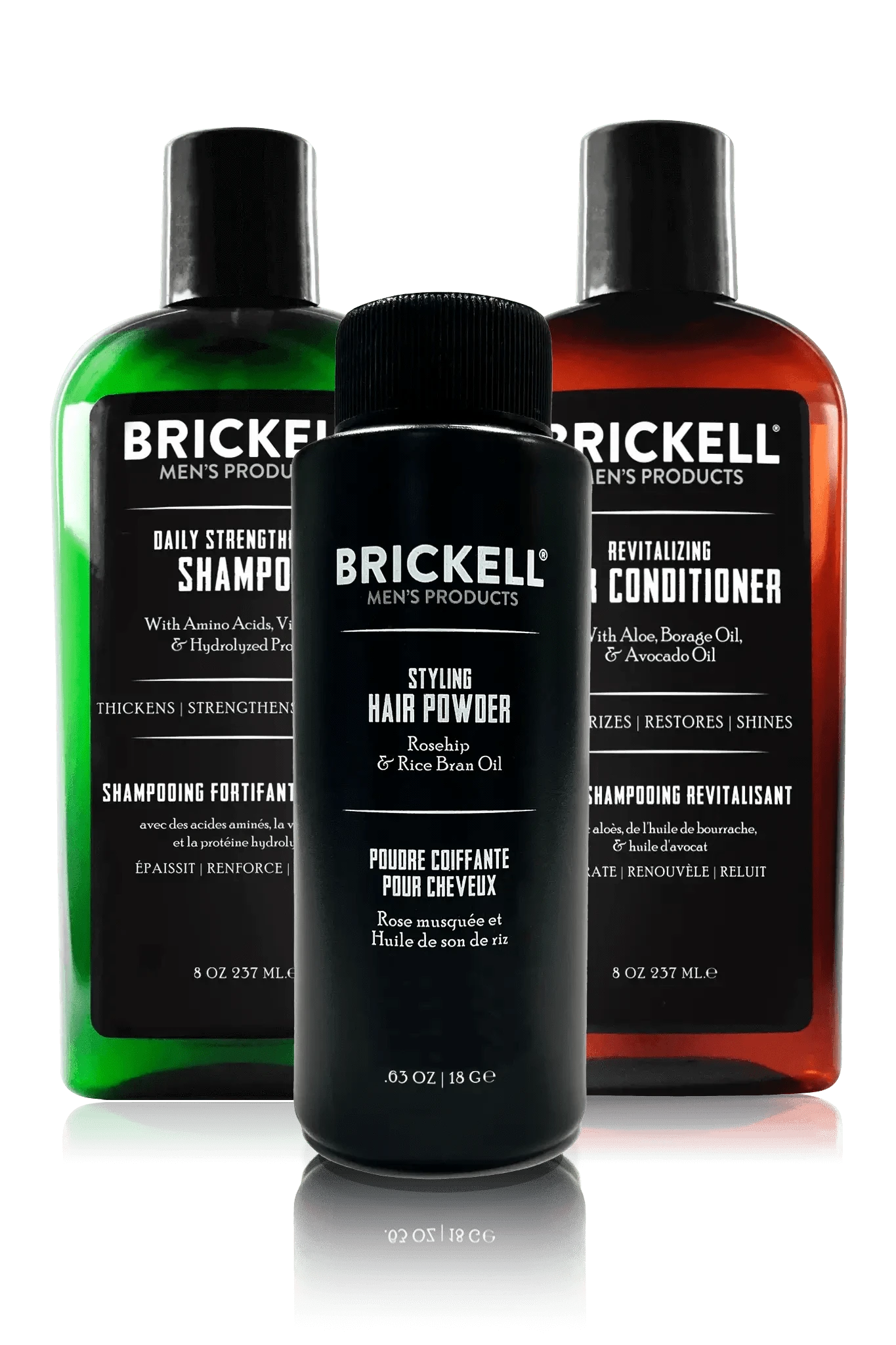 Brickell Men’s Products Fuller Hair Bundle: Daily Strengthening Shampoo (green bottle), Revitalizing Conditioner (amber bottle), and Styling Hair Powder (black bottle)